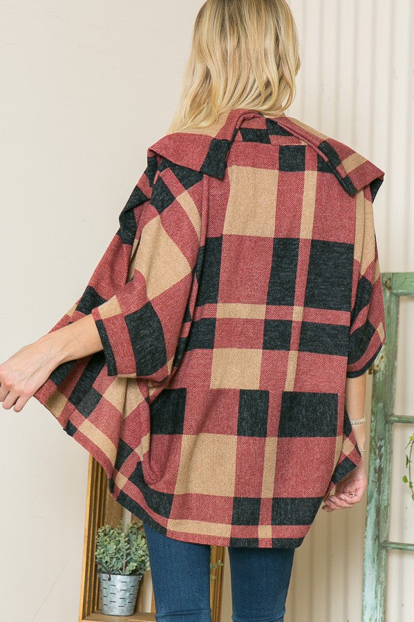 Plaid Textured Shawl Collared Sweater Cardigan