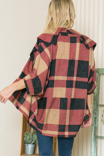 Plaid Textured Shawl Collared Sweater Cardigan