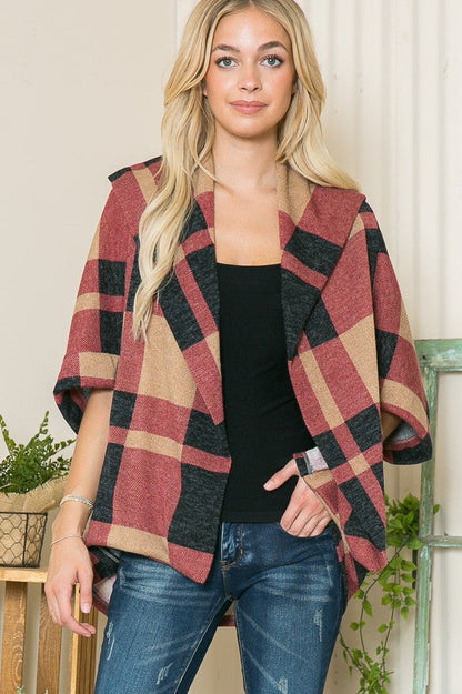Plaid Textured Shawl Collared Sweater Cardigan