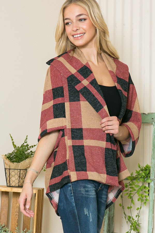 Plaid Textured Shawl Collared Sweater Cardigan