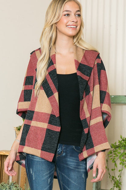 Plaid Textured Shawl Collared Sweater Cardigan