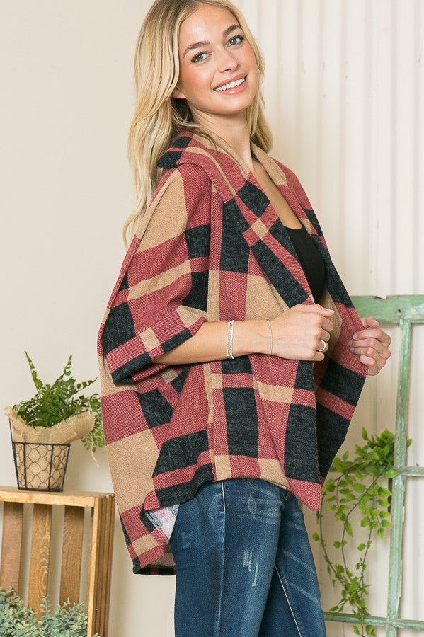 Plaid Textured Shawl Collared Sweater Cardigan