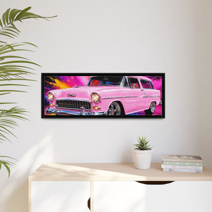 Pink Classic Station Wagon Canvas Print — Retro Car Wall Art, Framed Matte Multi‑Color Splash