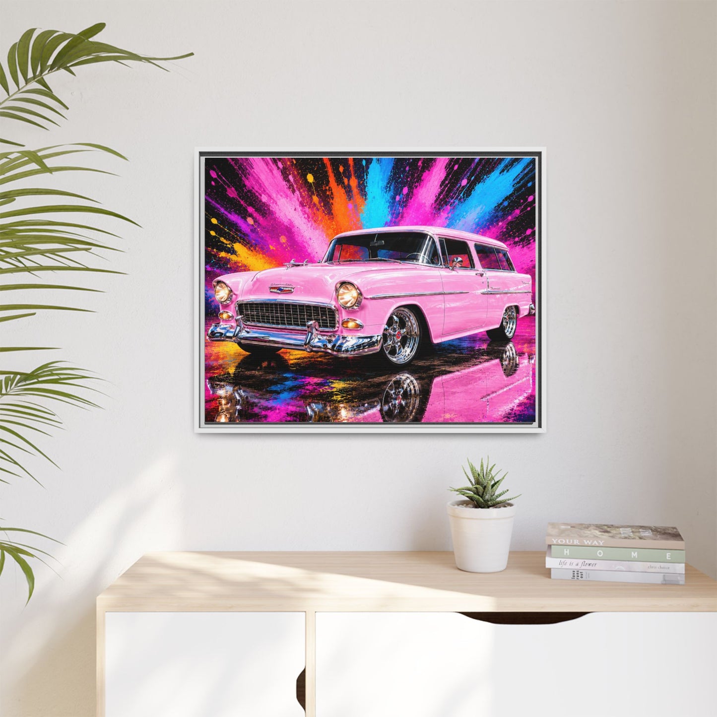 Pink Classic Station Wagon Canvas Print — Retro Car Wall Art, Framed Matte Multi‑Color Splash