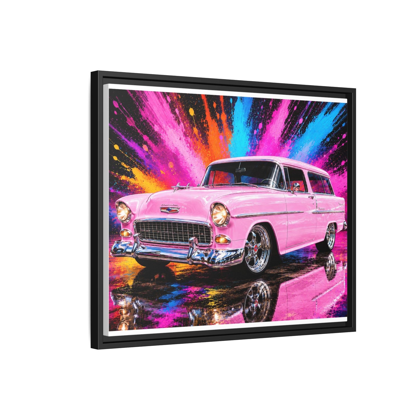Pink Classic Station Wagon Canvas Print — Retro Car Wall Art, Framed Matte Multi‑Color Splash