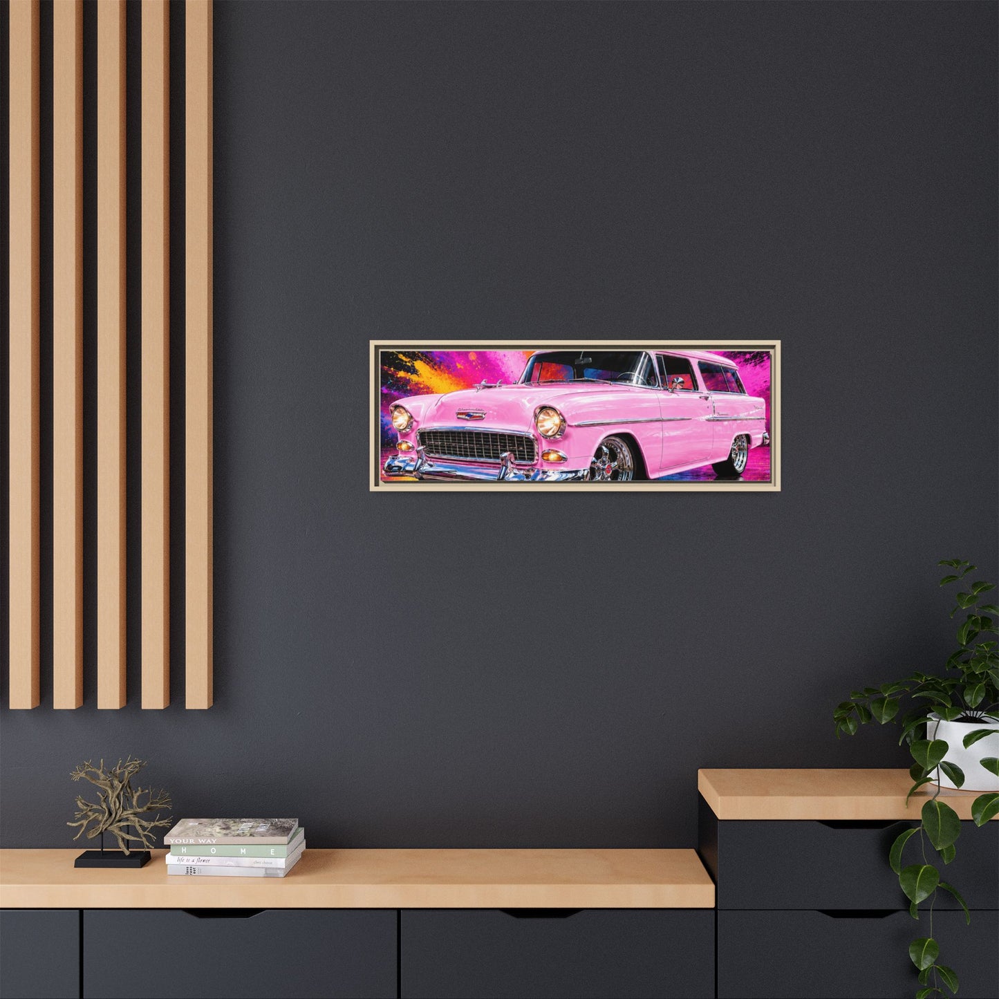 Pink Classic Station Wagon Canvas Print — Retro Car Wall Art, Framed Matte Multi‑Color Splash