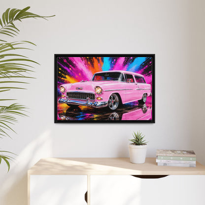 Pink Classic Station Wagon Canvas Print — Retro Car Wall Art, Framed Matte Multi‑Color Splash