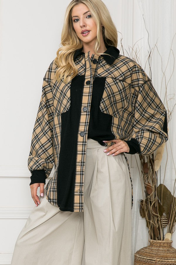 Oversized Elbow Patch Shacket-Plaid