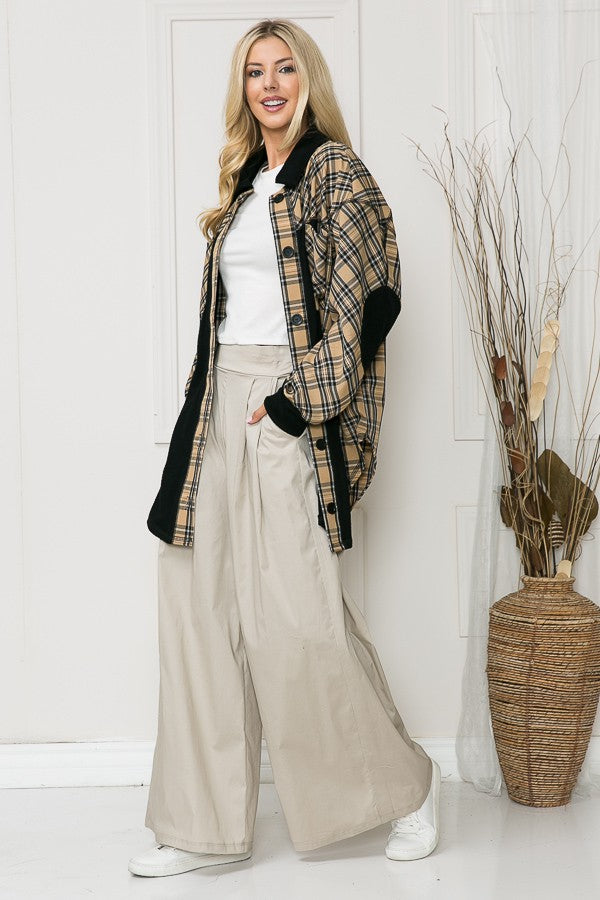 Oversized Elbow Patch Shacket-Plaid