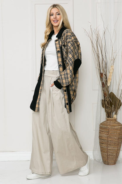 Oversized Elbow Patch Shacket-Plaid