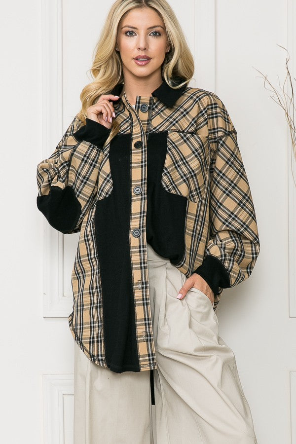 Oversized Elbow Patch Shacket-Plaid