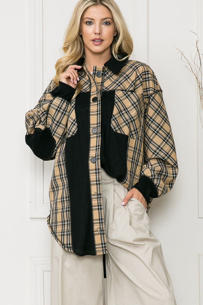 Oversized Elbow Patch Shacket-Plaid