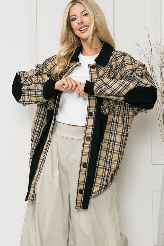 Oversized Elbow Patch Shacket-Plaid