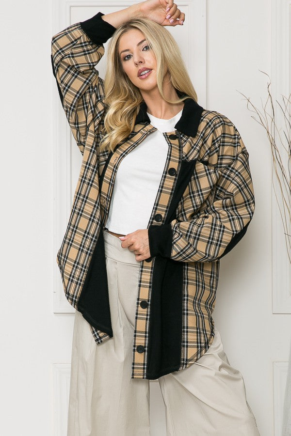 Oversized Elbow Patch Shacket-Plaid