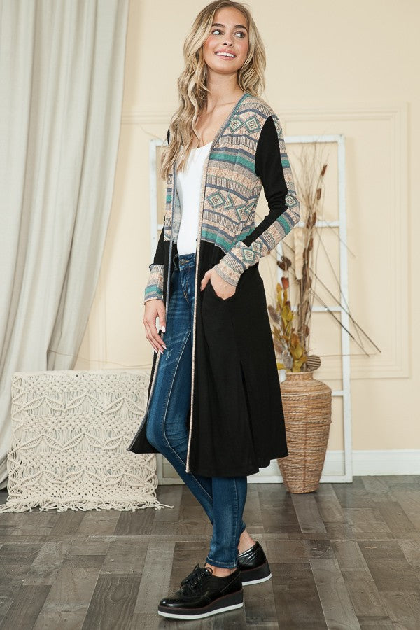 Mixed Media Maxi Cardigan with Side Pockets