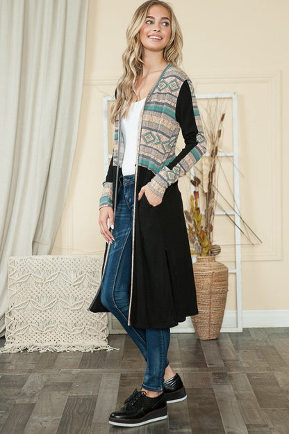 Mixed Media Maxi Cardigan with Side Pockets