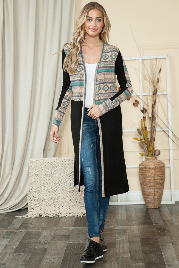 Mixed Media Maxi Cardigan with Side Pockets