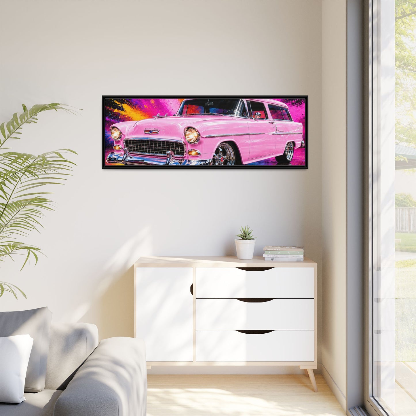 Pink Classic Station Wagon Canvas Print — Retro Car Wall Art, Framed Matte Multi‑Color Splash