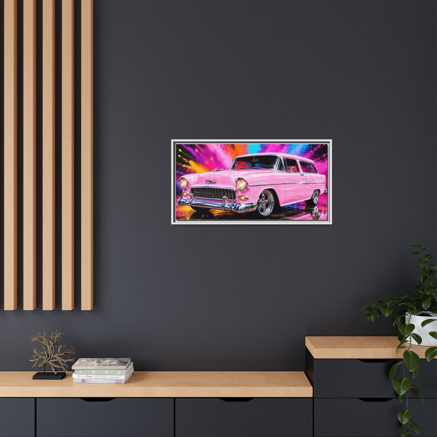 Pink Classic Station Wagon Canvas Print — Retro Car Wall Art, Framed Matte Multi‑Color Splash