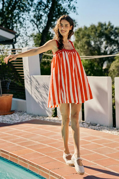 SO ME Stripe Cotton Scallop Side Pocket Lined Mini Dress