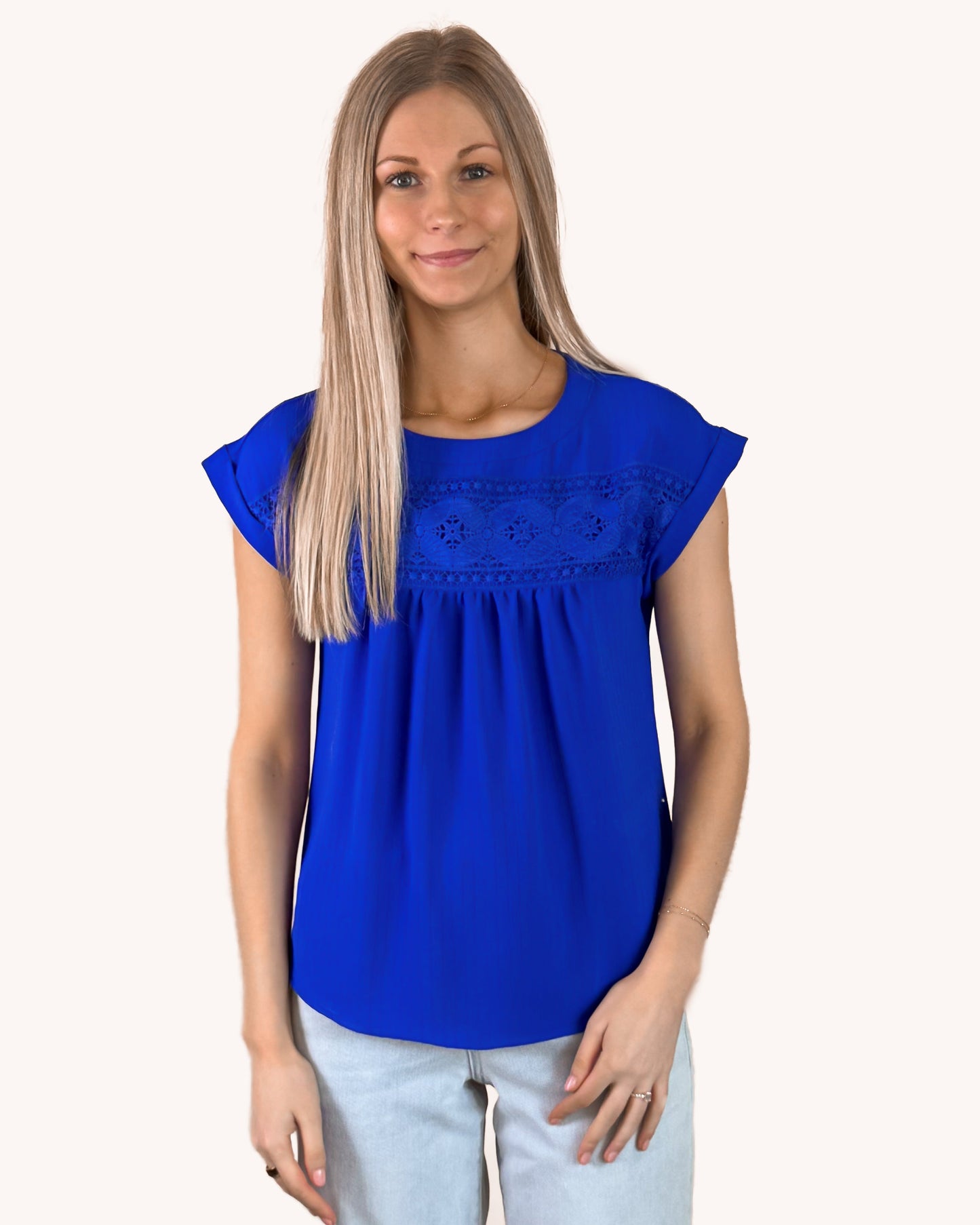 Floral Eyelet Lace Trim Back Button Top