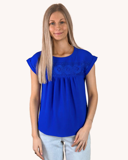Floral Eyelet Lace Trim Back Button Top