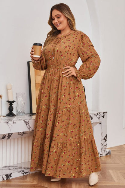 Plus Size Floral V-Neck Ruffle Sleeve Tiered Dress