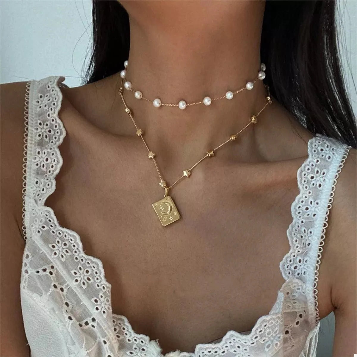 18K Gold-Plated Star Moon Zircon Lock Necklace