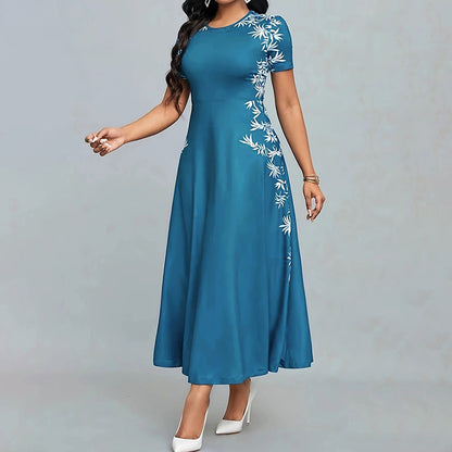 Women's Elegant Empire Waist Short Sleeve Printed Sides Maxi Dress