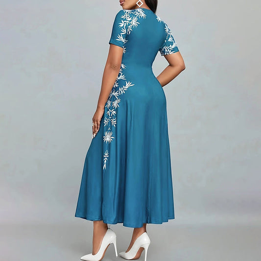 Women's Elegant Empire Waist Short Sleeve Printed Sides Maxi Dress