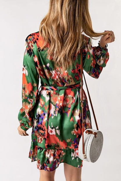Abstract Ruffled Drawstring High Waist Mini Dress