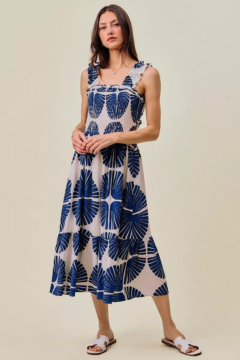 Abstract Print Smocked Bodice Tiered Lined Midi Dress