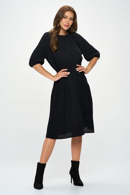 Made in USA Cotton 3/4 Sleeve Tiered Midi Dress