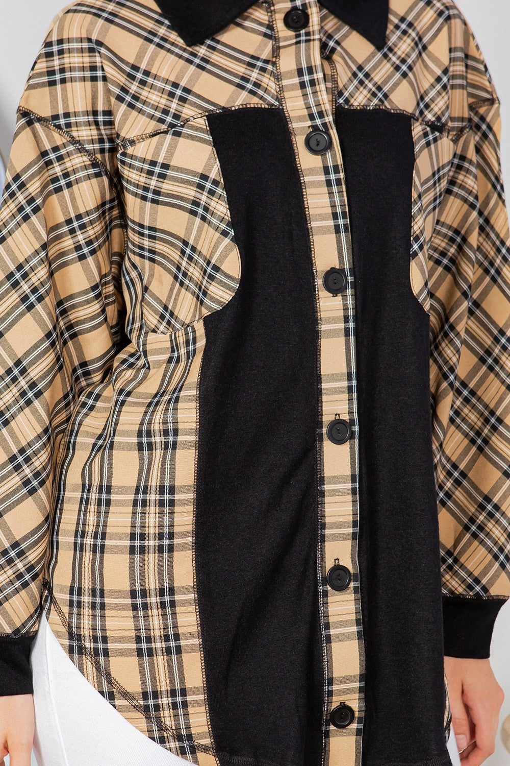 Oversized Elbow Patch Shacket-Plaid