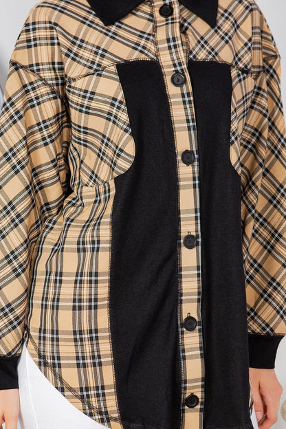 Oversized Elbow Patch Shacket-Plaid