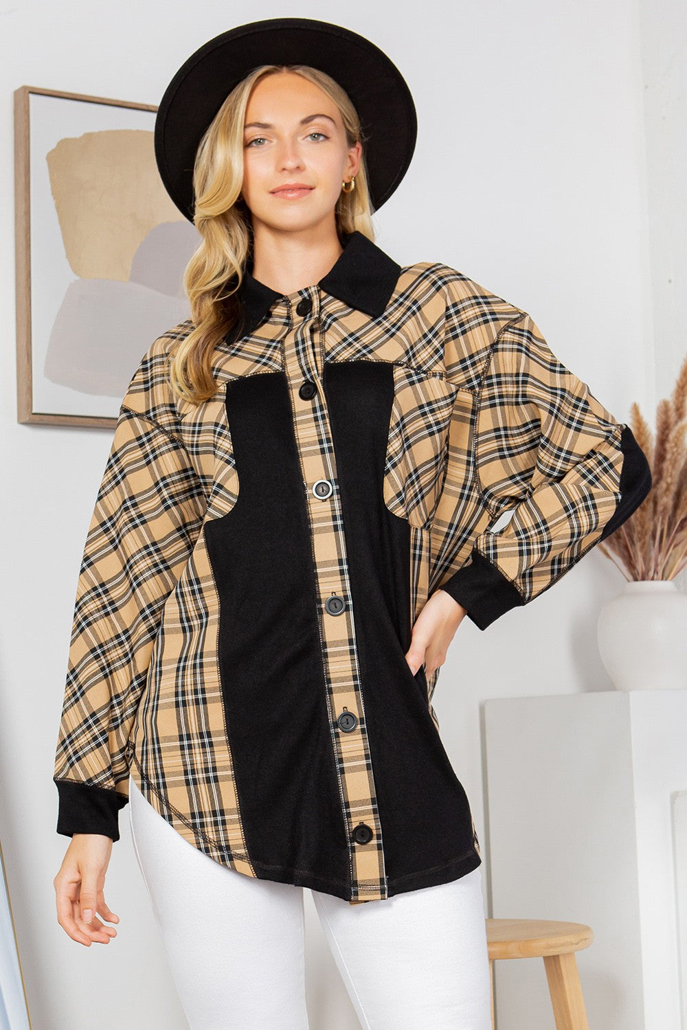 Oversized Elbow Patch Shacket-Plaid