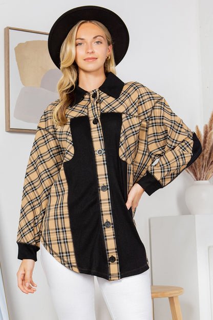 Oversized Elbow Patch Shacket-Plaid