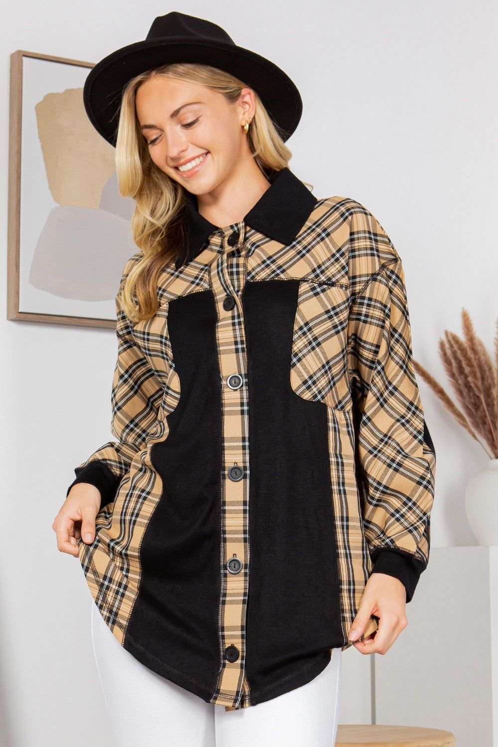 Oversized Elbow Patch Shacket-Plaid