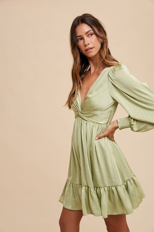 Front Twisted Satin Mini Dress - Pistachio