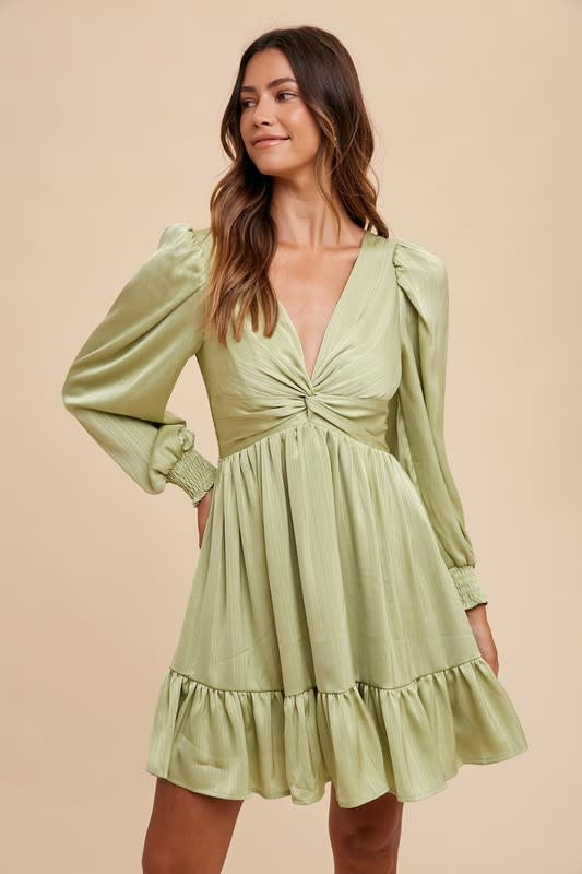 Front Twisted Satin Mini Dress - Pistachio