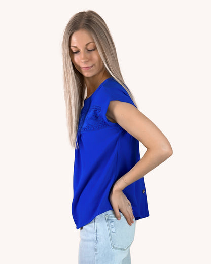Floral Eyelet Lace Trim Back Button Top