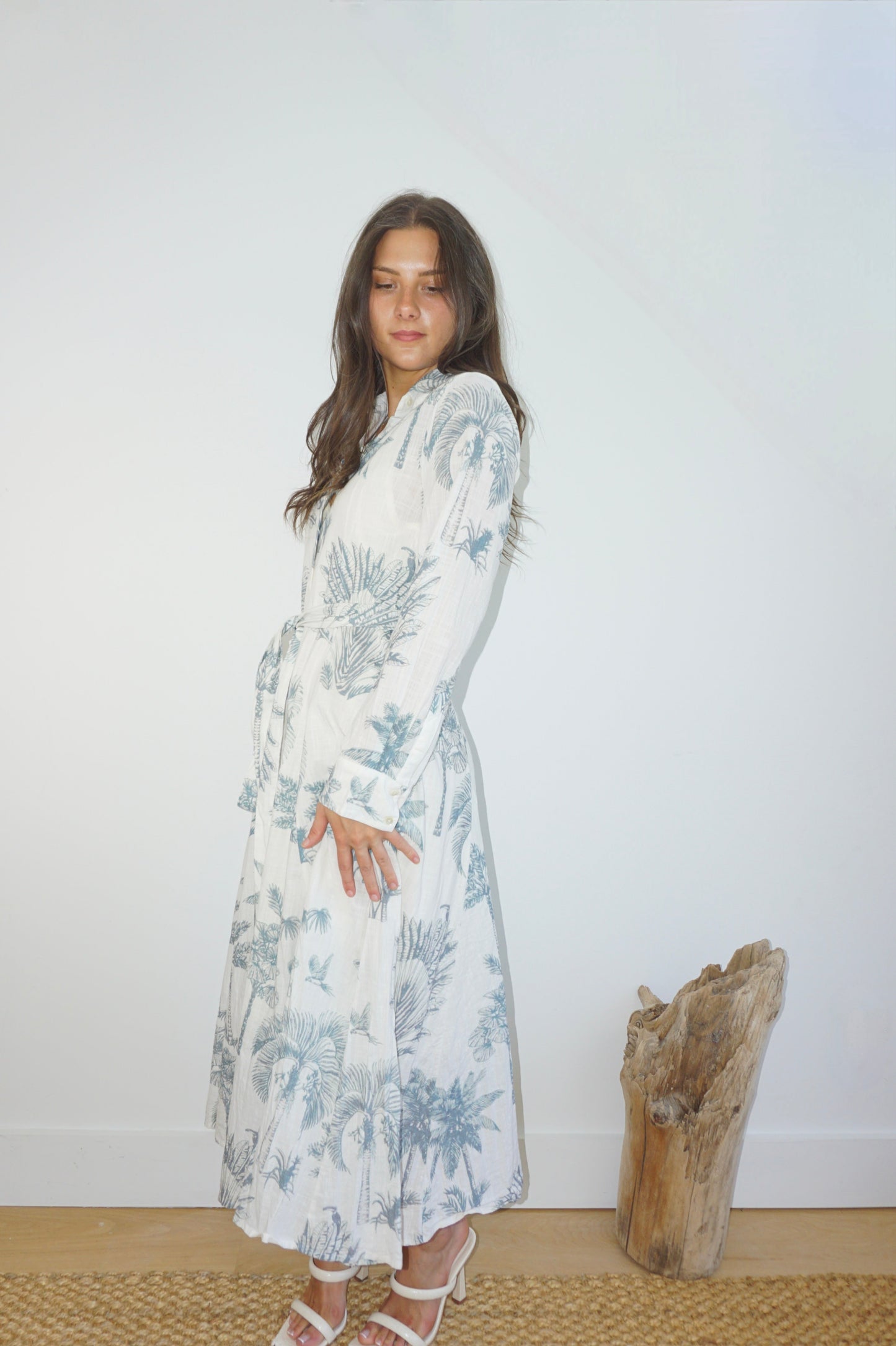 Sierra Dress in Faded Teal Palms