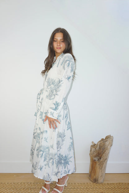 Sierra Dress in Faded Teal Palms