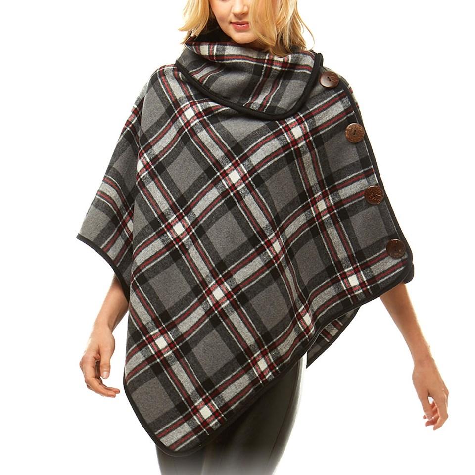 Averie Cozy Warm Plaid High Neck Collar Side Buttons Poncho High Neck Ruana