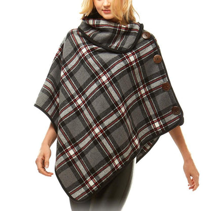 Averie Cozy Warm Plaid High Neck Collar Side Buttons Poncho High Neck Ruana