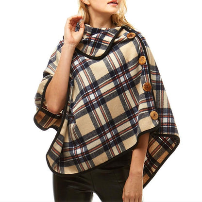 Averie Cozy Warm Plaid High Neck Collar Side Buttons Poncho High Neck Ruana