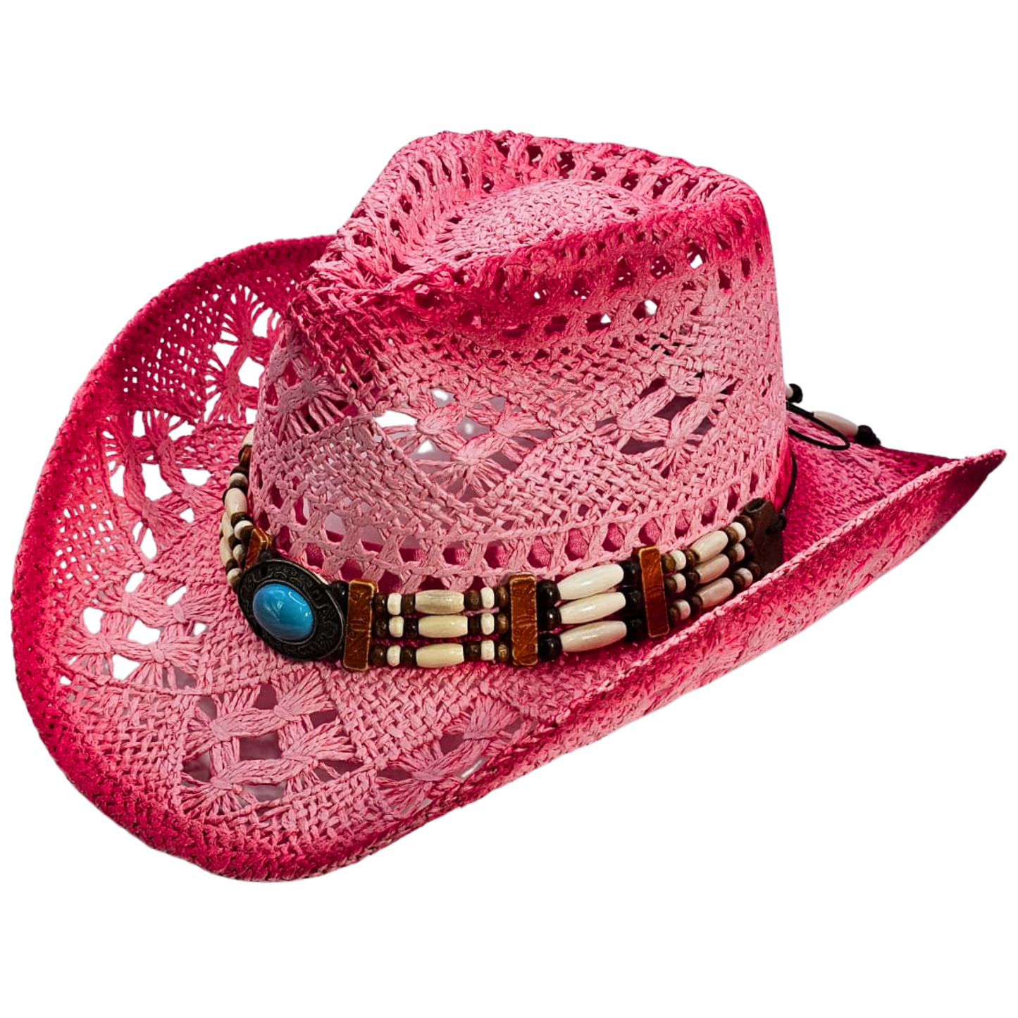 Straw Cowgirl Hat | Handmade Beaded Crown with Turquoise-stone Detail