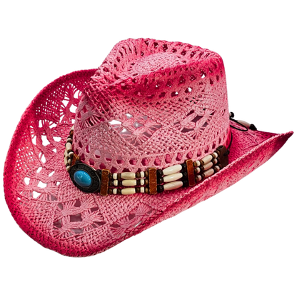Straw Cowgirl Hat | Handmade Beaded Crown with Turquoise-stone Detail