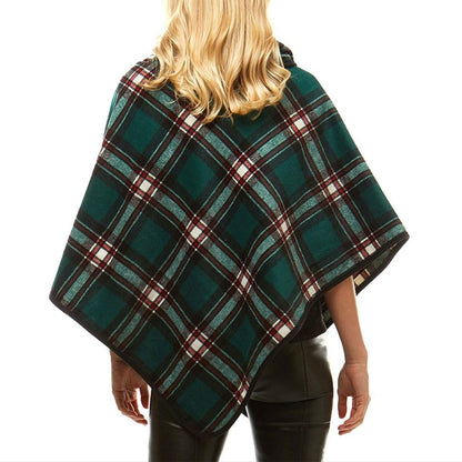 Averie Cozy Warm Plaid High Neck Collar Side Buttons Poncho High Neck Ruana