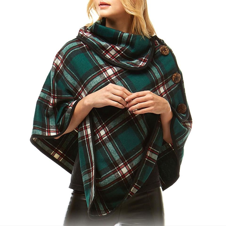 Averie Cozy Warm Plaid High Neck Collar Side Buttons Poncho High Neck Ruana